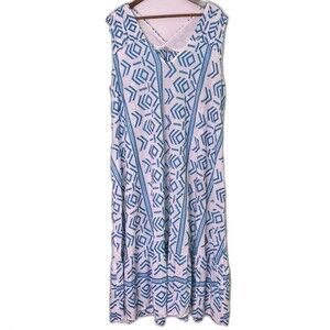 Mat. Fashions Greece O/S White Turquoise Dress Resort Beach Wear Pockets Viscose